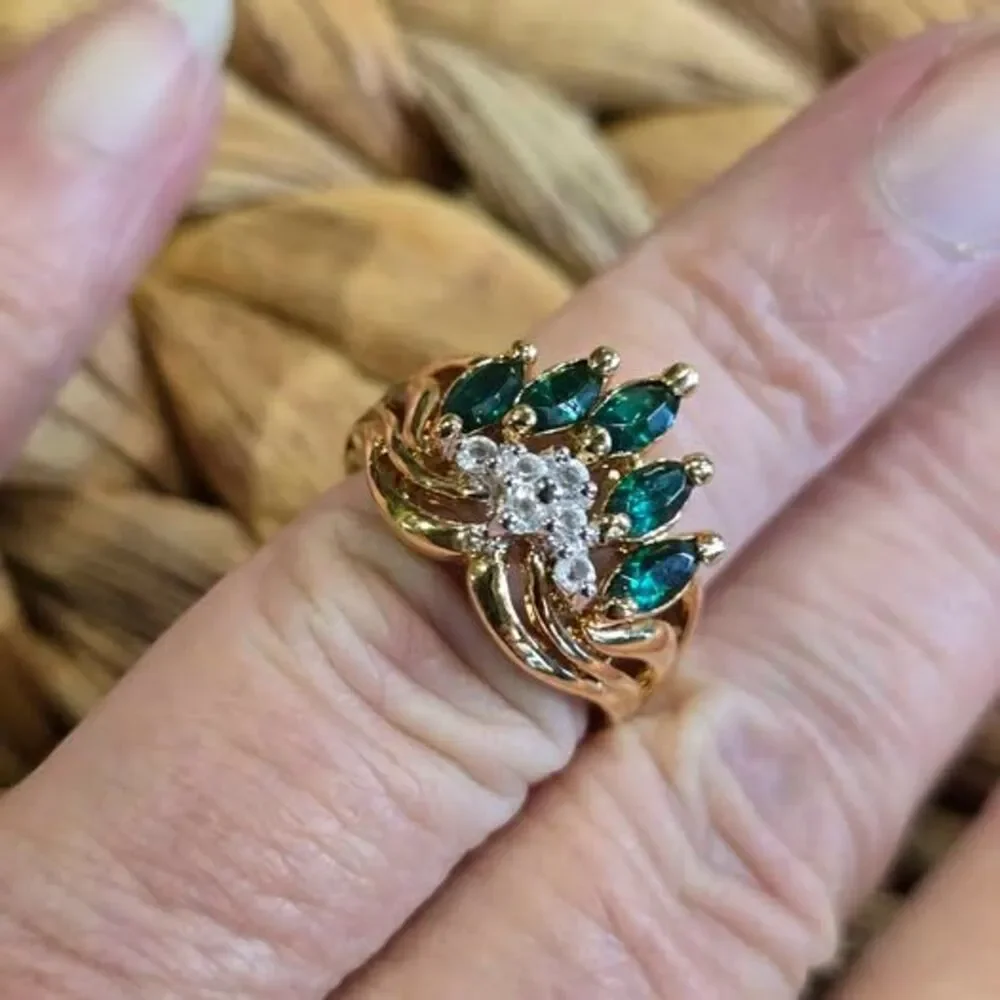 Marquise Green Stone and CZ Ring. Sz 5.75